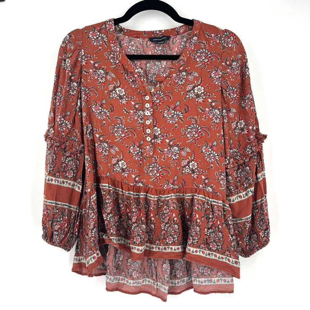 American Eagle button-down floral fall boho blouse top ruffle mixed pattern